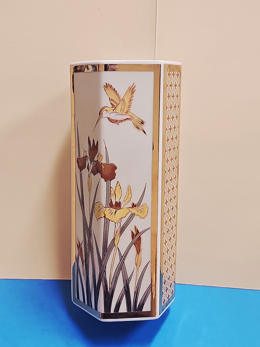 Hummingbird & Iris Floral  Ceramic Hexagon Vase - White and Gold Accent